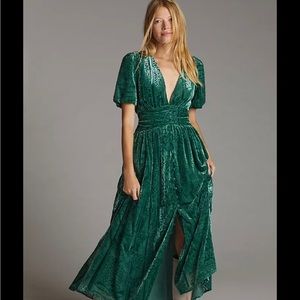 NWT Anthropologie emerald green holly velvet midi dress button-up v-neck